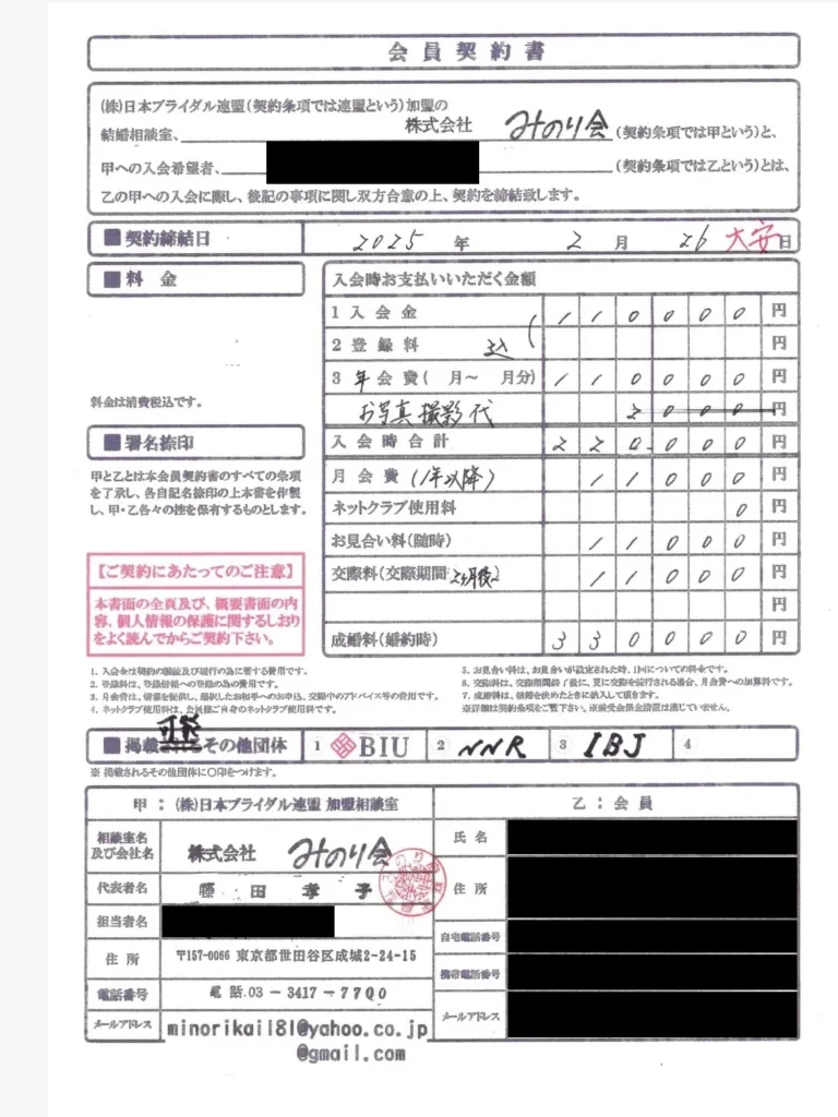 みのり会の会員契約書(個人情報をマスキング済み)