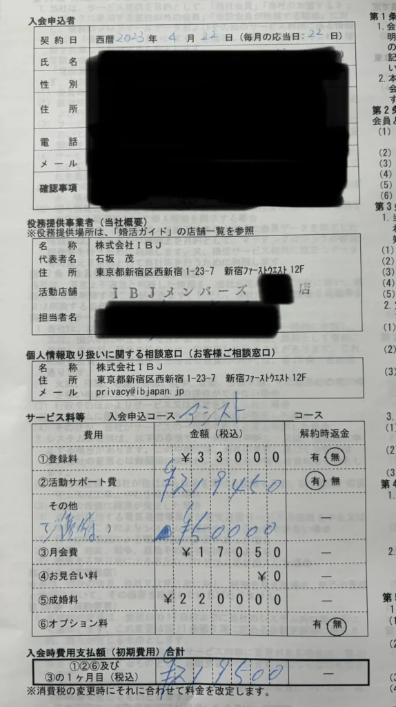 IBJメンバーズの入会申込契約書